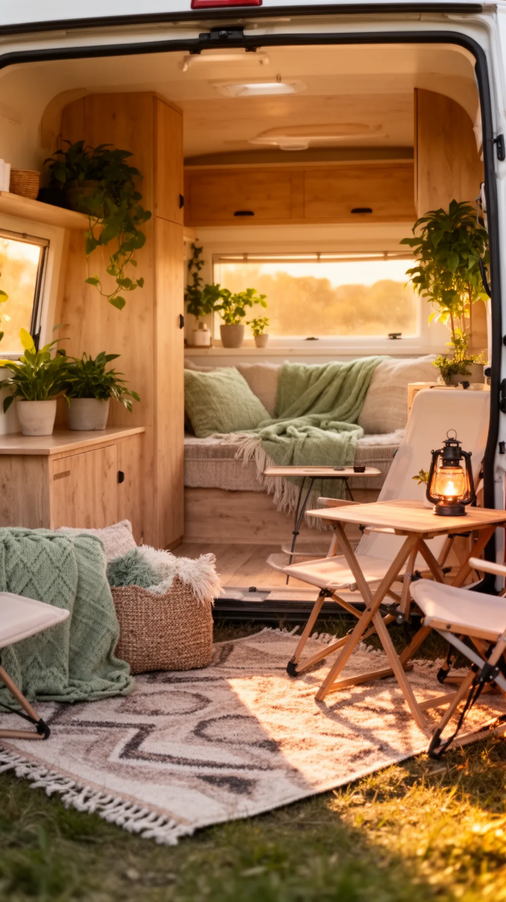 Cozy campsite setup at golden hour