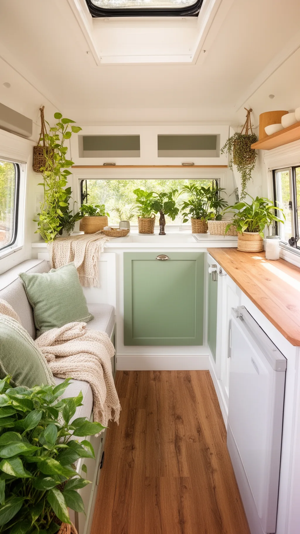 Bright white camper interior with sage accents
