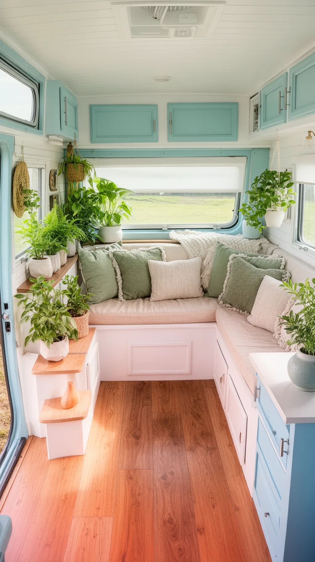 Pale blue painted camper van interior