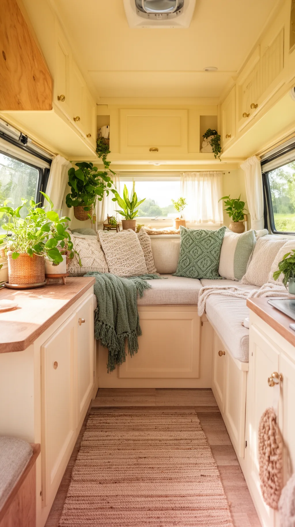 Cream painted RV interior with cozy textiles