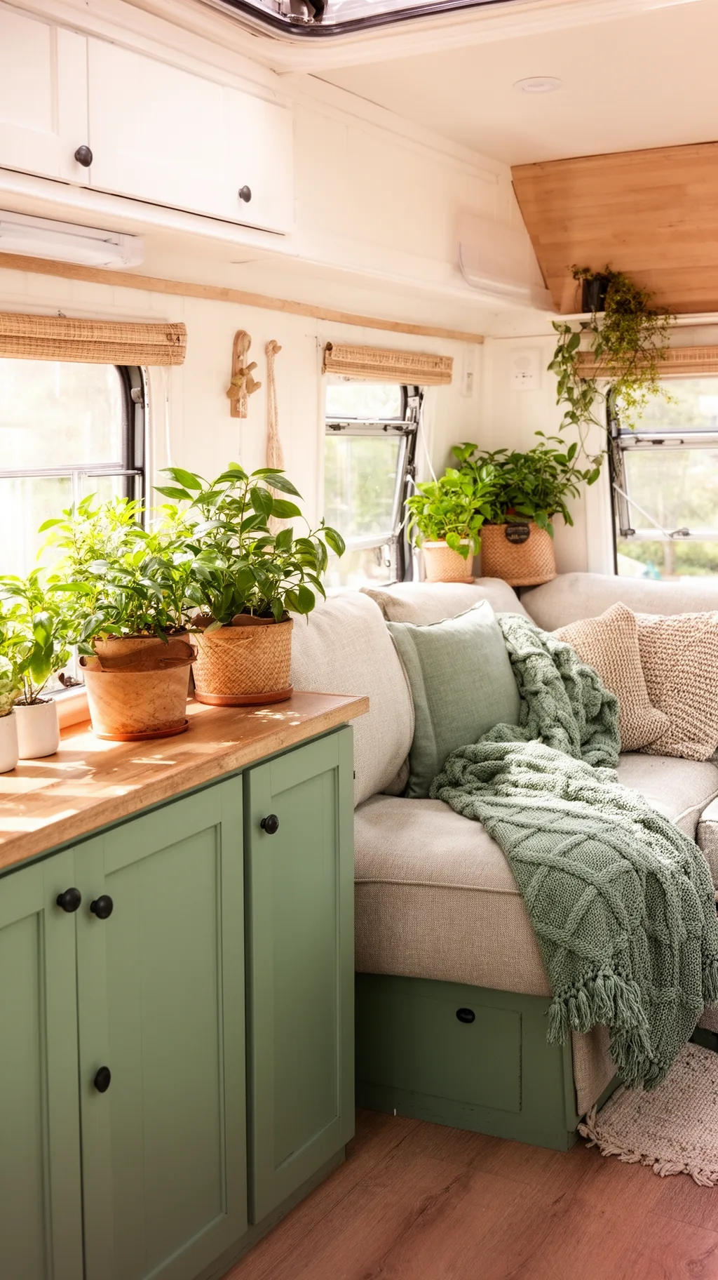 Two tone white and green camper interior