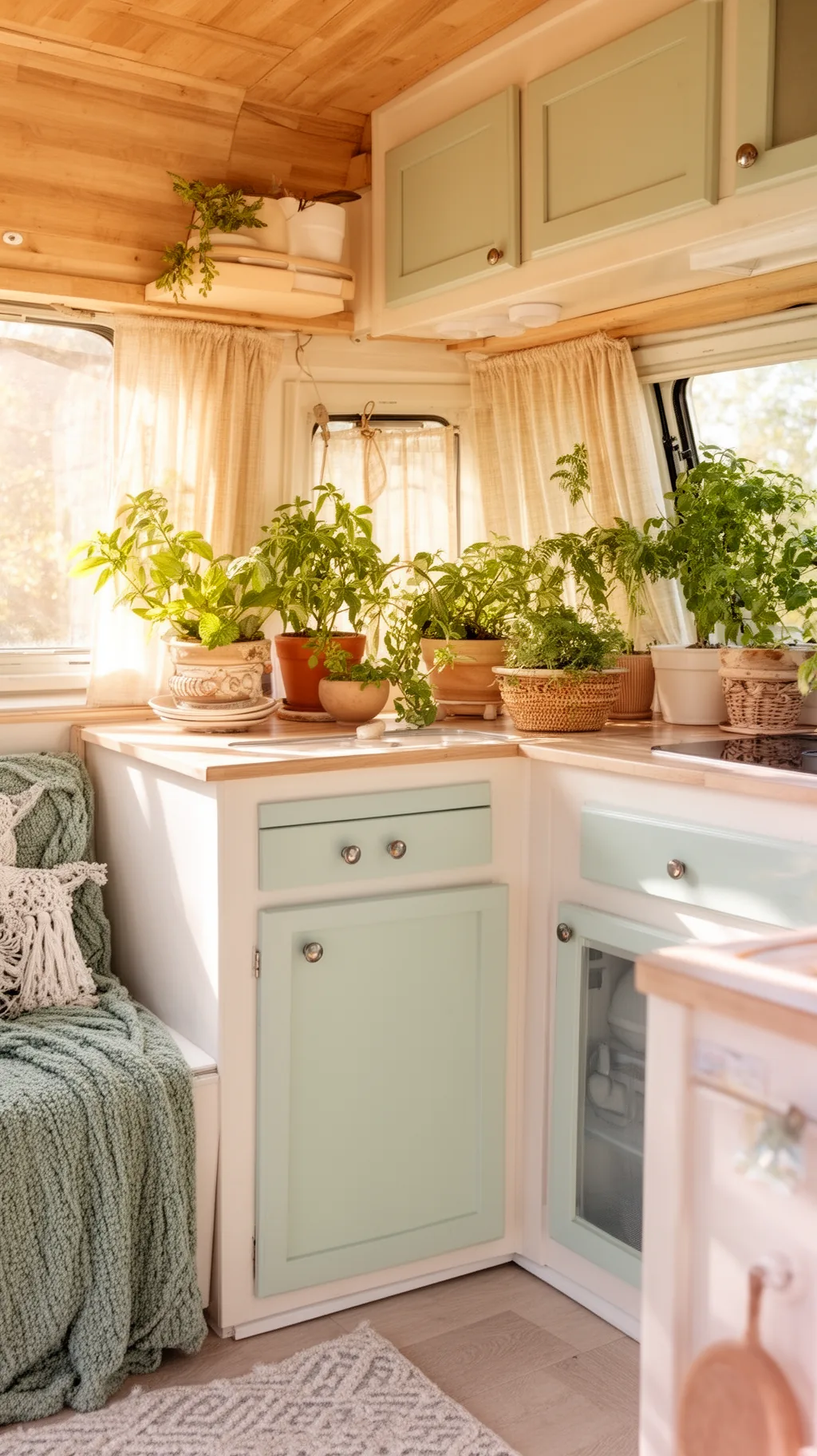 Sunny pastel painted camper kitchenette