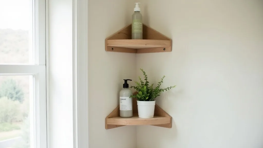 Triangular corner floating shelves holding products in a camper bathroom