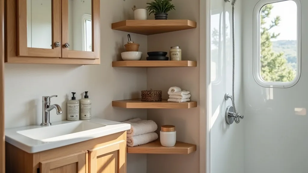 Corner shelving unit using dead space in a small RV bathroom