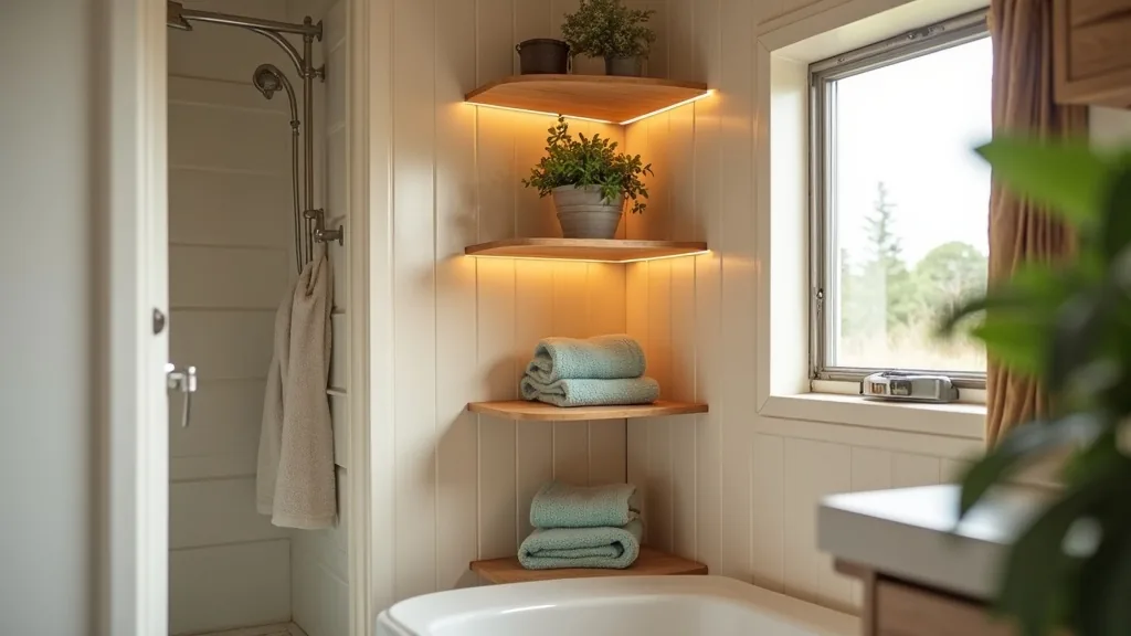 Multi-tier corner shelf with greenery and towels in a camper bathroom