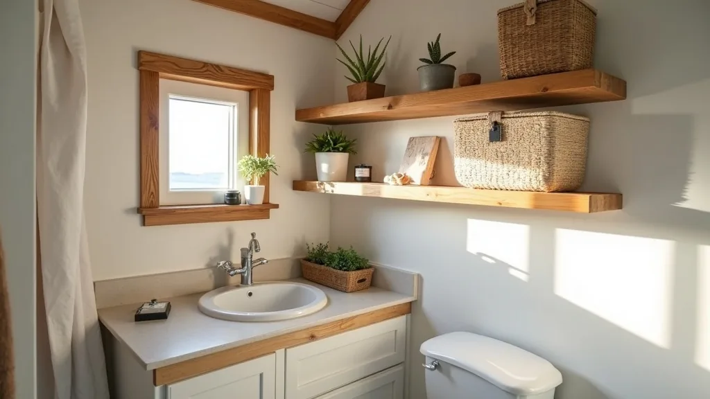 Wooden corner shelves with baskets in a tiny camper bathroom