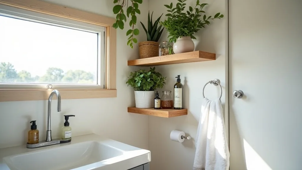 Intentionally designed corner shelving in a small camper bathroom