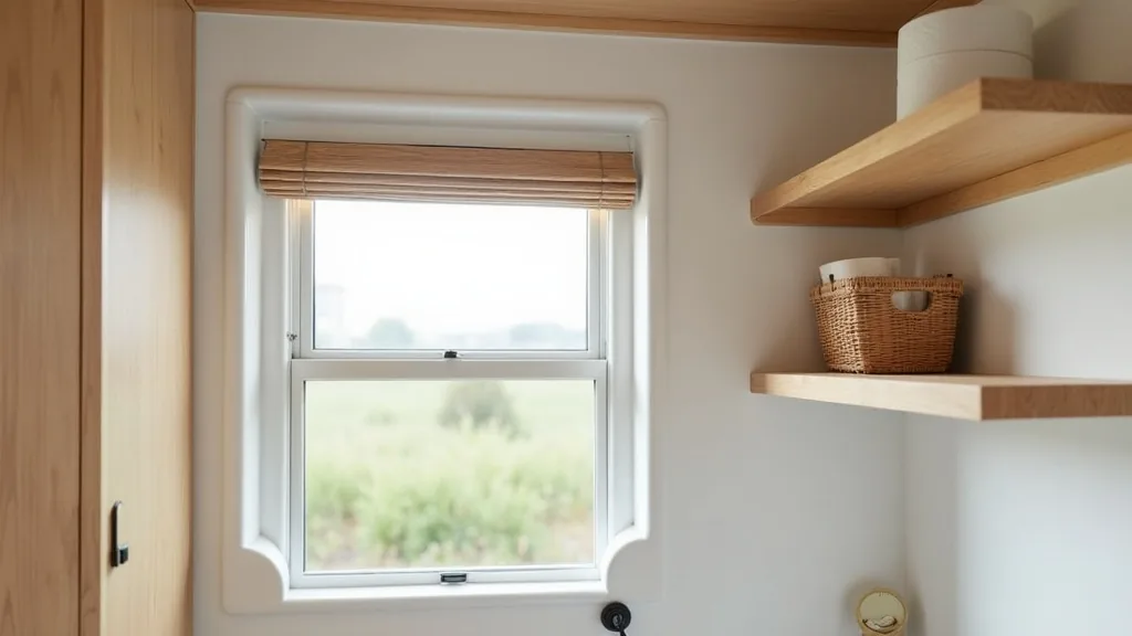 Wood floating shelves above a small camper bathroom window with decor