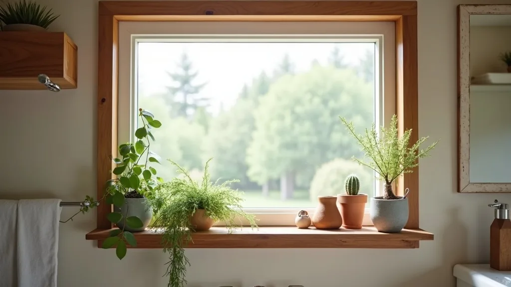 Shallow floating shelf above a camper window with greenery