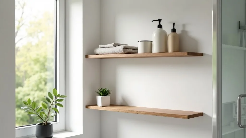 Two slim floating shelves near a camper bathroom window
