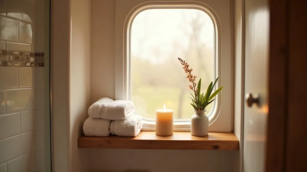 Rustic floating shelf above the window in a compact RV bathroom