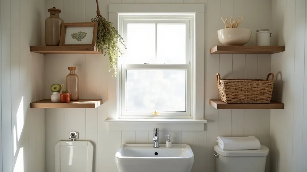 Minimal floating shelves holding a basket in a tiny camper bathroom