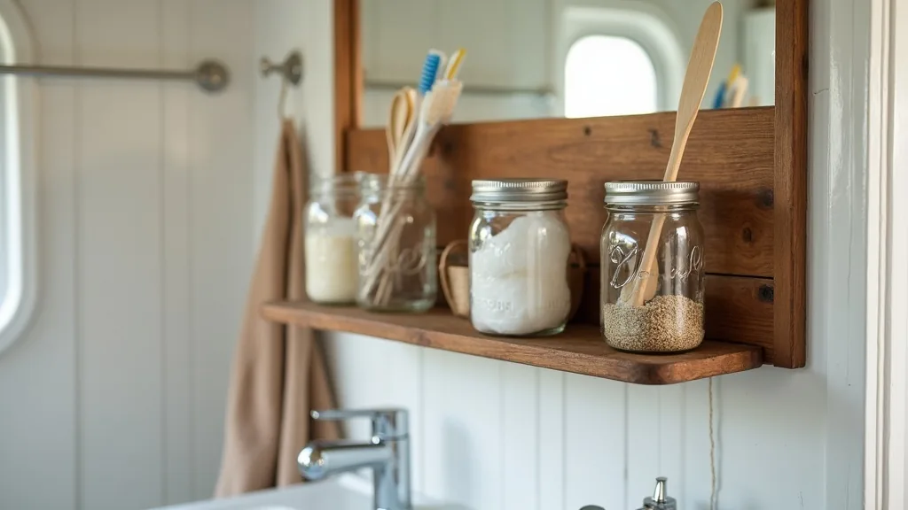 Mason jars mounted on a wood board holding swabs in a camper bathroom