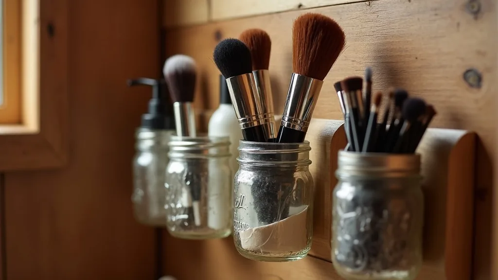 Row of mounted mason jars storing brushes in a tiny RV bathroom
