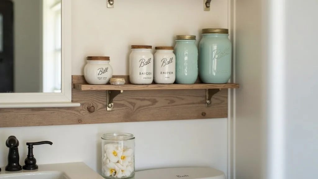 Painted-lid mason jars on a reclaimed wood board in a camper bathroom