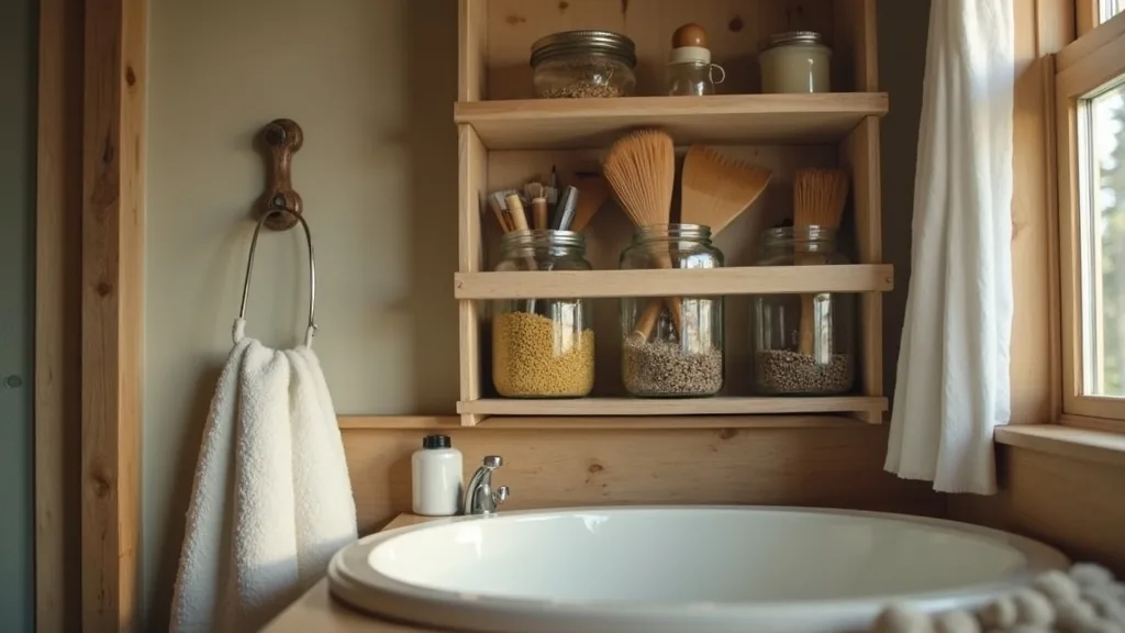 Mason jar wall organizer holding grooming tools in a camper bathroom