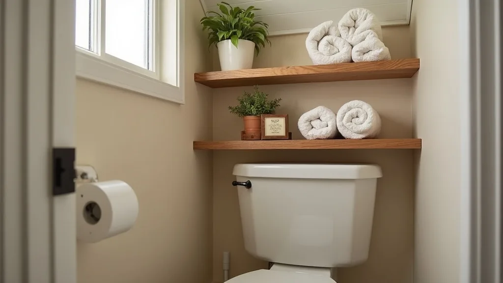 Narrow over-the-toilet wooden shelving with towels and a plant in a camper bathroom