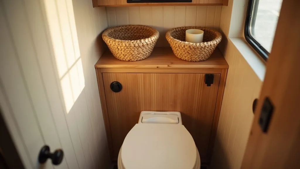 Bamboo over-the-toilet shelf with woven baskets and a candle in an RV bathroom
