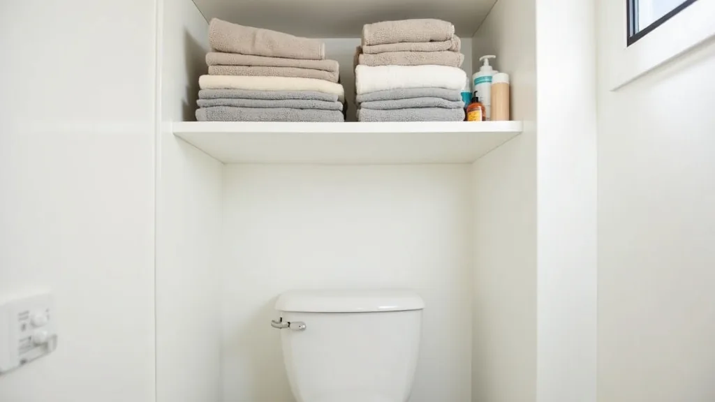 White open shelving above a camper toilet holding folded towels