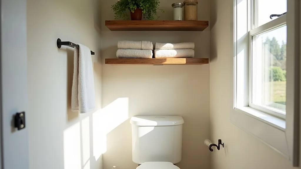Rustic floating shelves above the toilet in a small camper bathroom