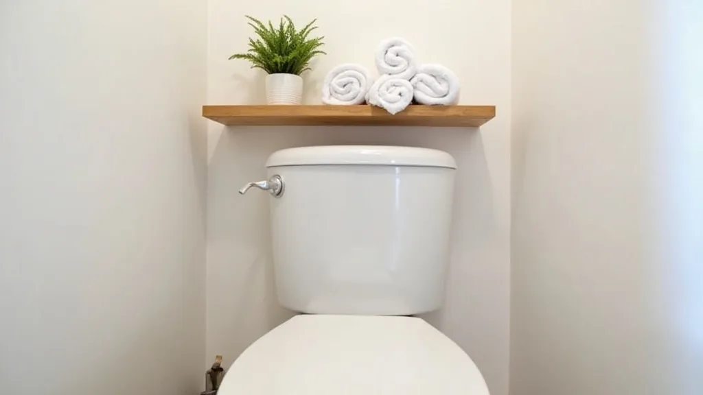 Spa-like over-the-toilet shelf with rolled towels in a tiny RV bathroom
