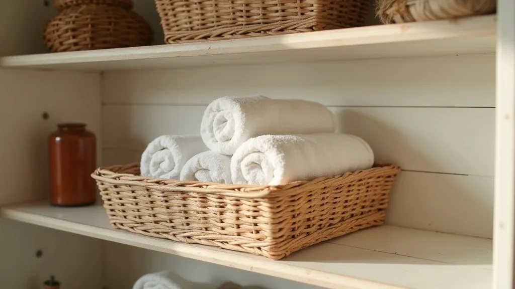 Rolled towels arranged in woven baskets on a camper bathroom shelf