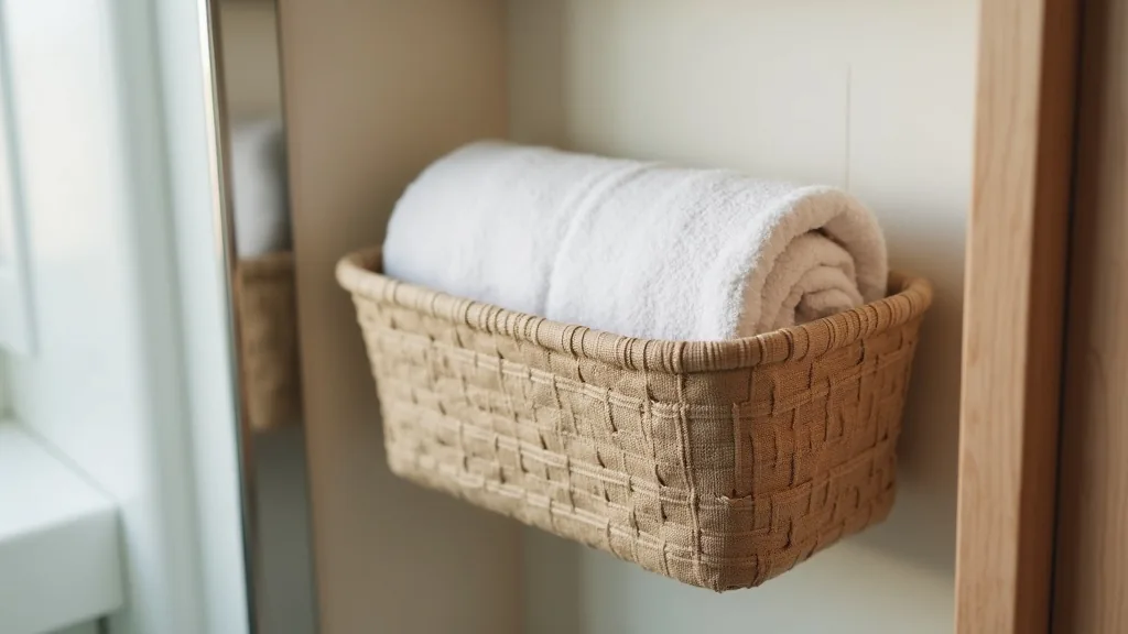 Wall-mounted basket holding rolled towels in a tiny RV bathroom
