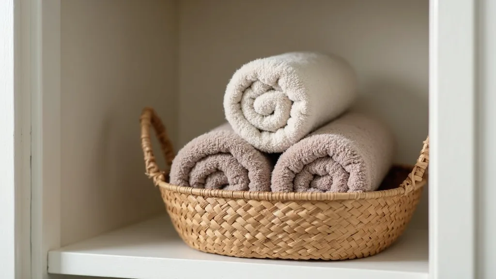 Two-tone rolled towels in a rattan basket on a small camper shelf