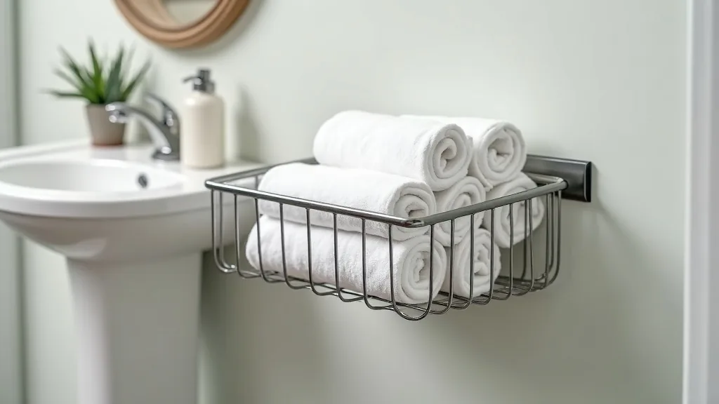 Rolled towels in a wire basket mounted on a camper bathroom wall
