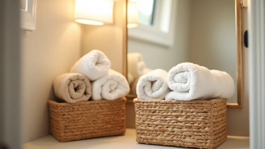 Woven basket of rolled towels beside a small mirror in a camper bathroom