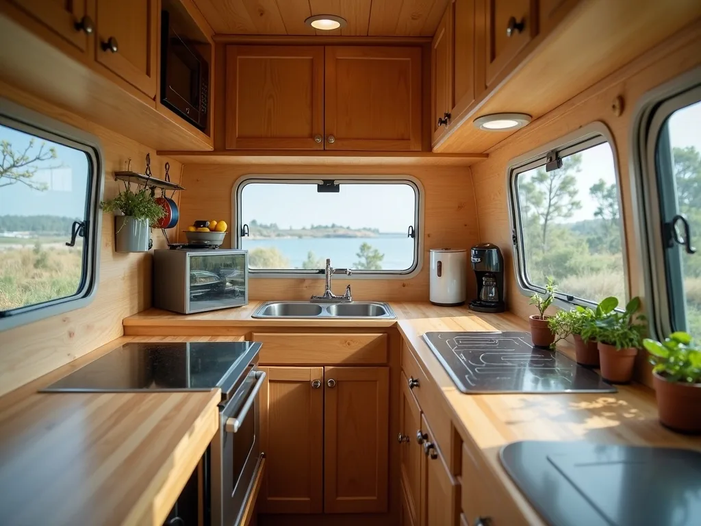 L-shaped corner kitchenette with compact appliances in a camper