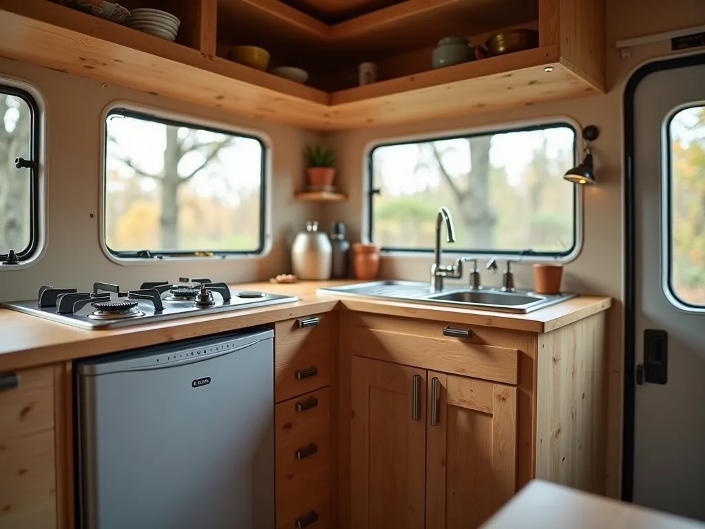Corner camper kitchen with a dual-burner stove and small fridge