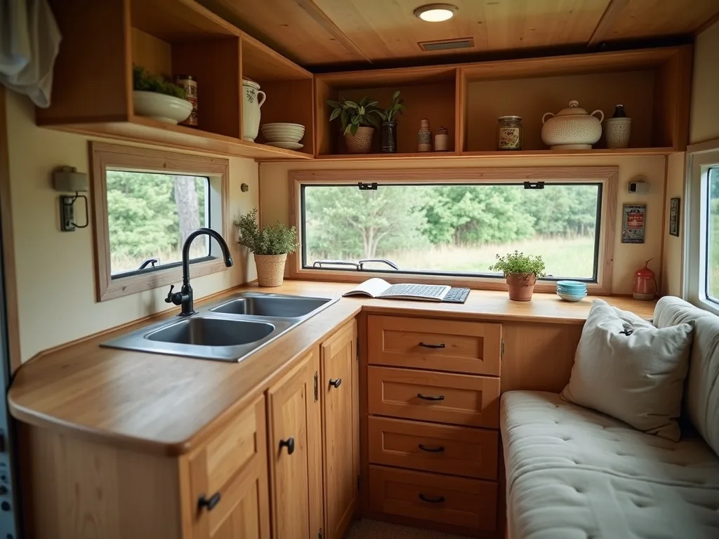 Corner kitchenette with drop-leaf counter and open shelves