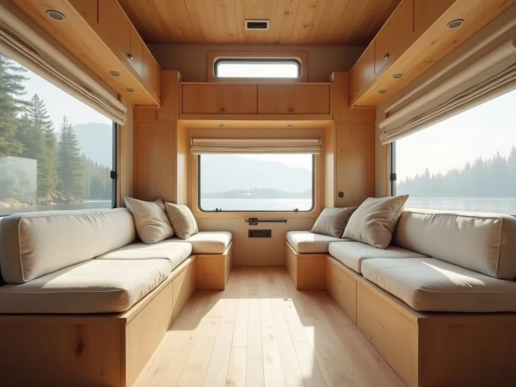 Lightweight modular furniture cubes with cushions in a camper