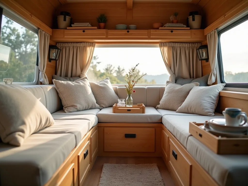 Interlocking storage cubes covered with cushions in a camper lounge