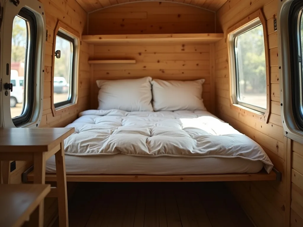Wall-mounted fold-up bed folded vertically in a camper