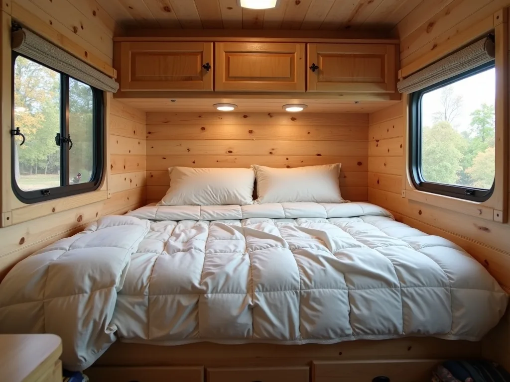 Murphy bed pulled down with soft bedding in a cozy camper nook