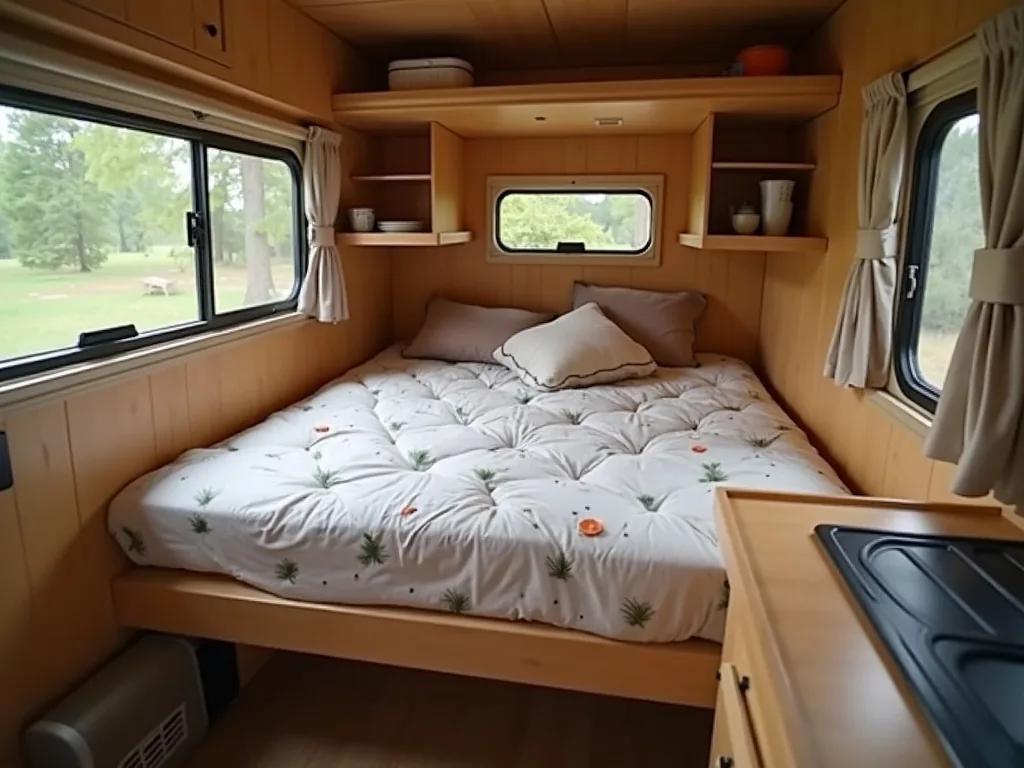 Fold-up bed with shelving tucked behind it in a small camper
