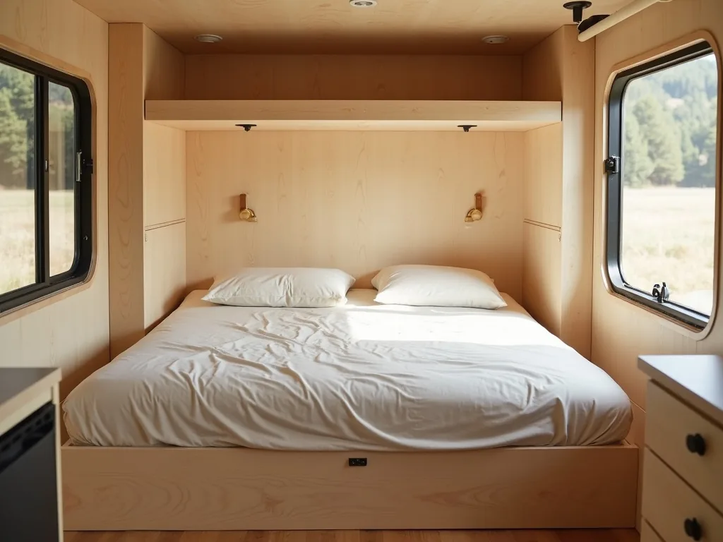 Half-folded wall bed showing the light wood frame in a camper