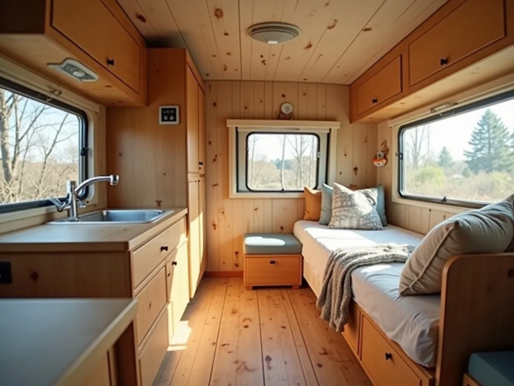 Open camper floor space where a Murphy bed folds against the wall