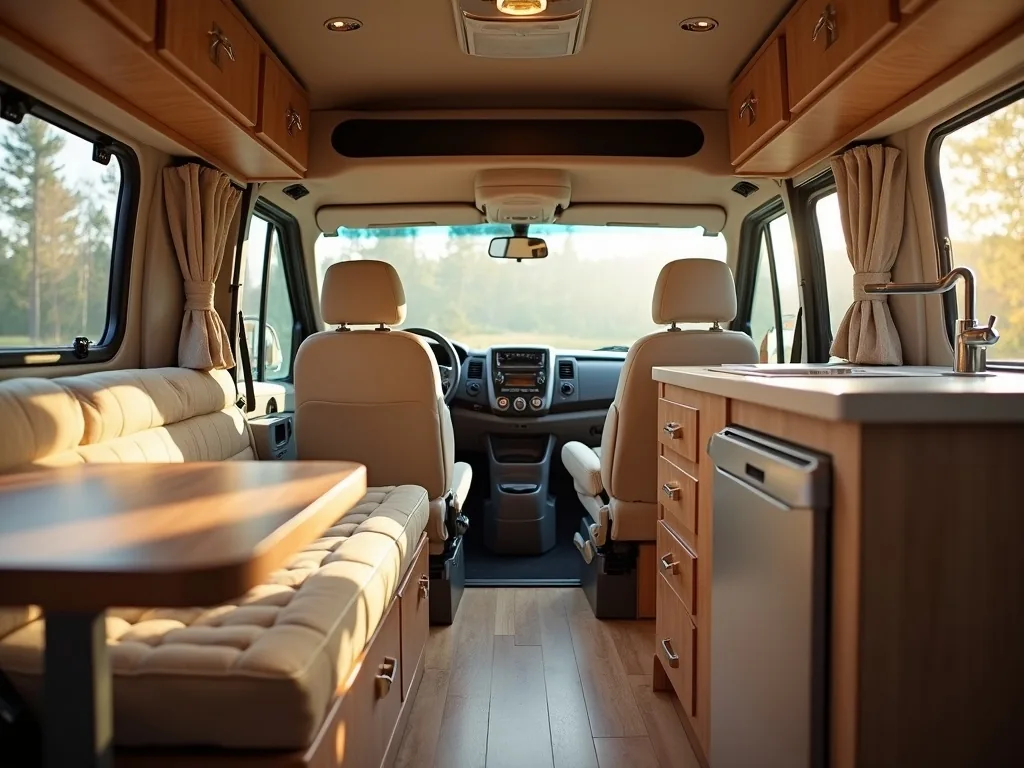 Cozy seating made by swiveled front seats facing a dinette