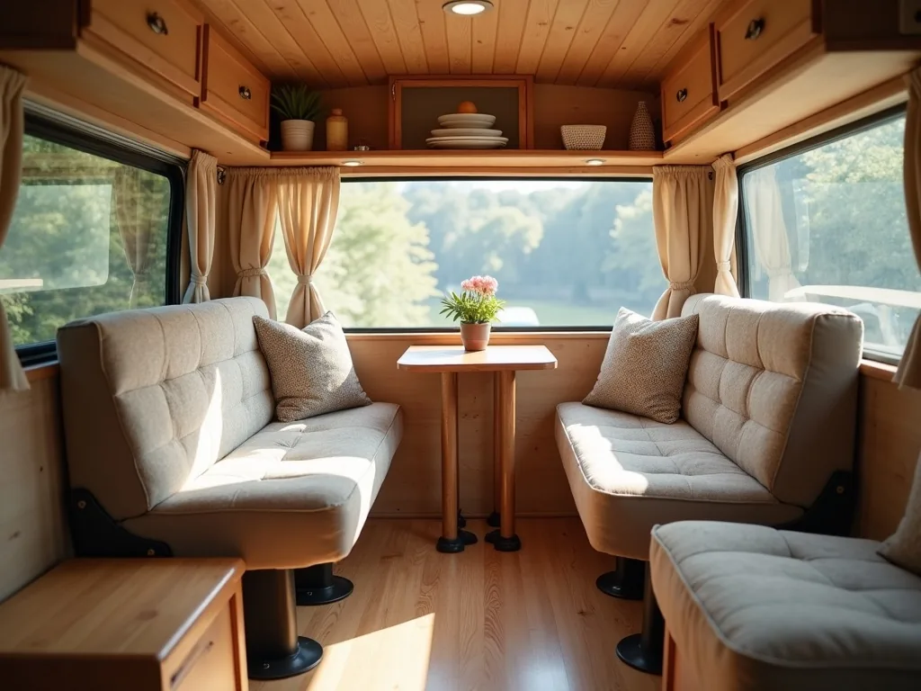 Swivel-base front seats forming a tiny living room in a van