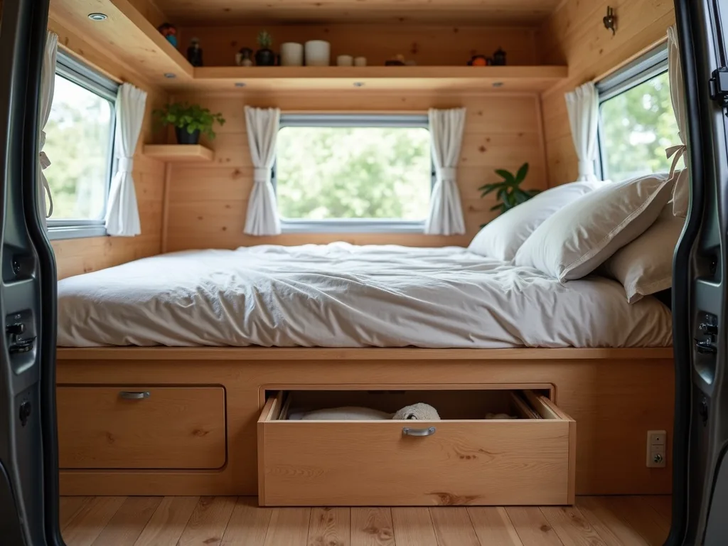 Pull-out storage drawers built into a camper bed platform