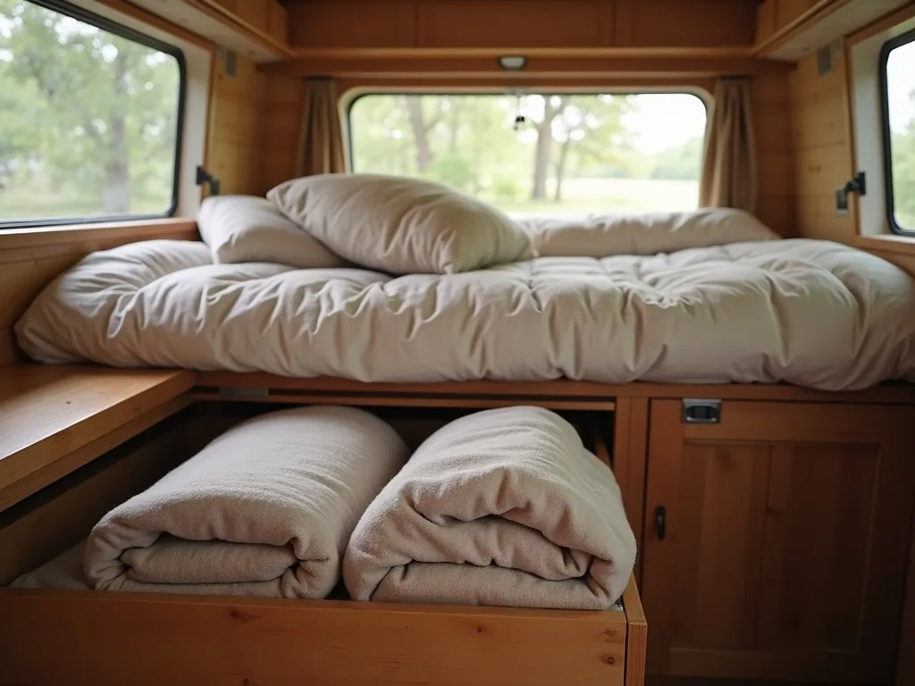 Open drawer under a camper bed filled with folded blankets