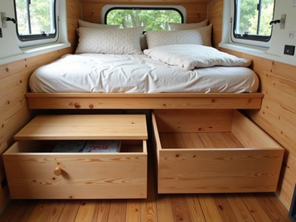 Wooden under-bed drawers matching the camper cabinetry