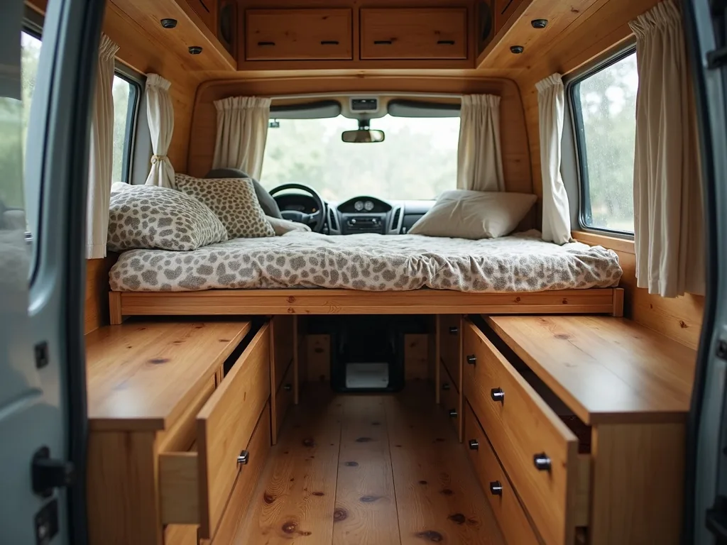 Deep slide-out drawers beneath a raised camper bed for gear