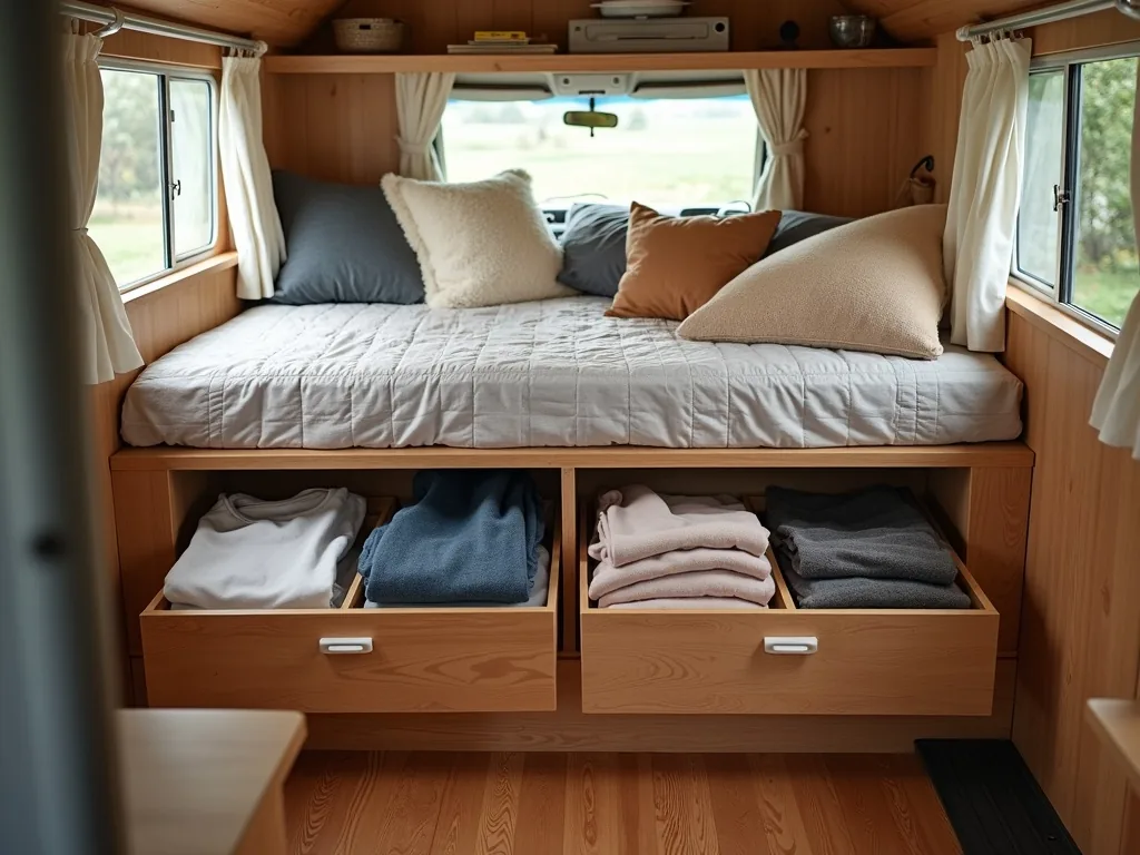 Organized under-bed storage with dividers and folded clothing
