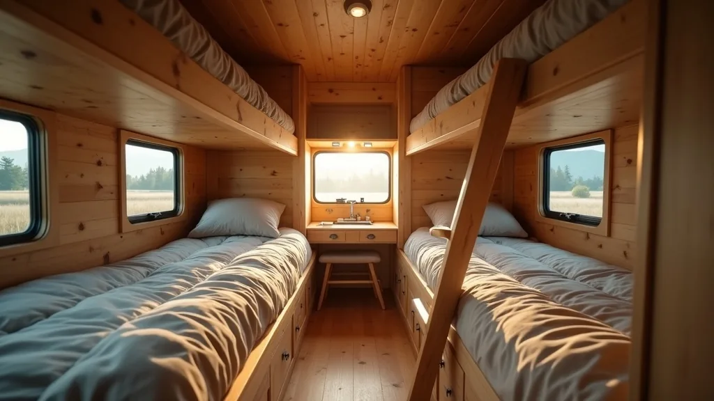 Narrow stacked bunk beds with a foldable ladder in a camper