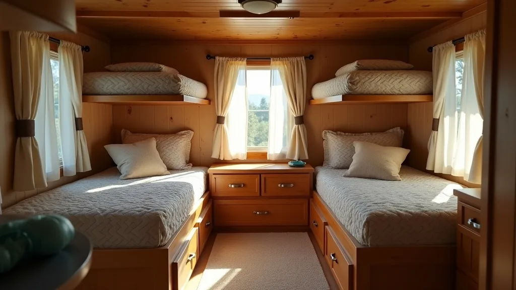 Camper bunk beds with privacy curtains and cubbies