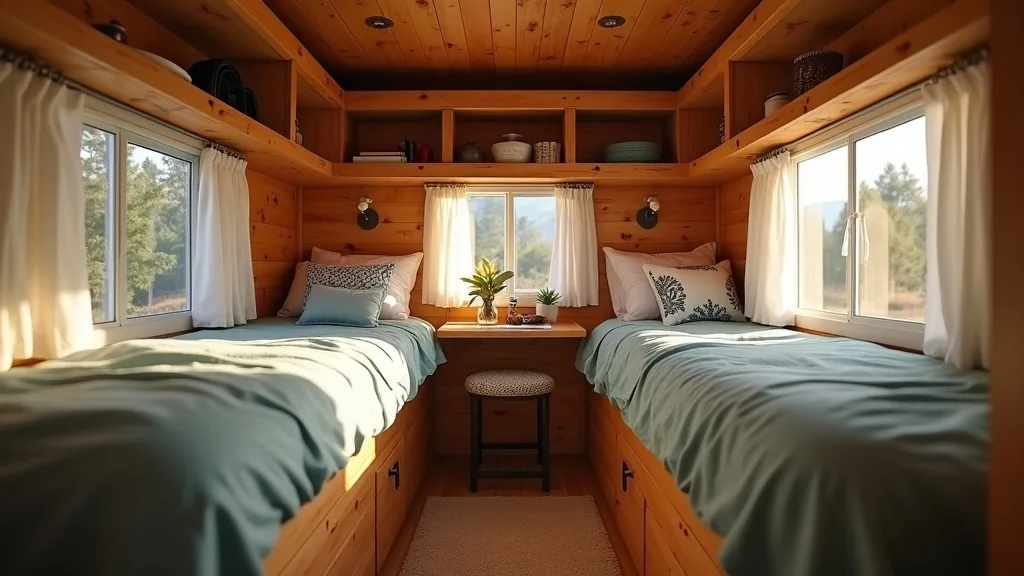Twin bunk setup in a tiny camper with wood paneling